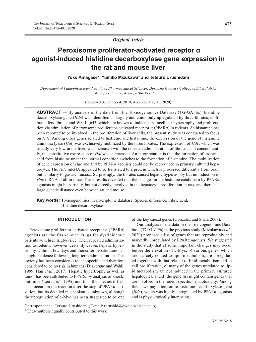 Peroxisome Proliferator-Activated Receptor Α Agonist-Induced Histidine Decarboxylase Gene Expression in the Rat and Mouse Liver