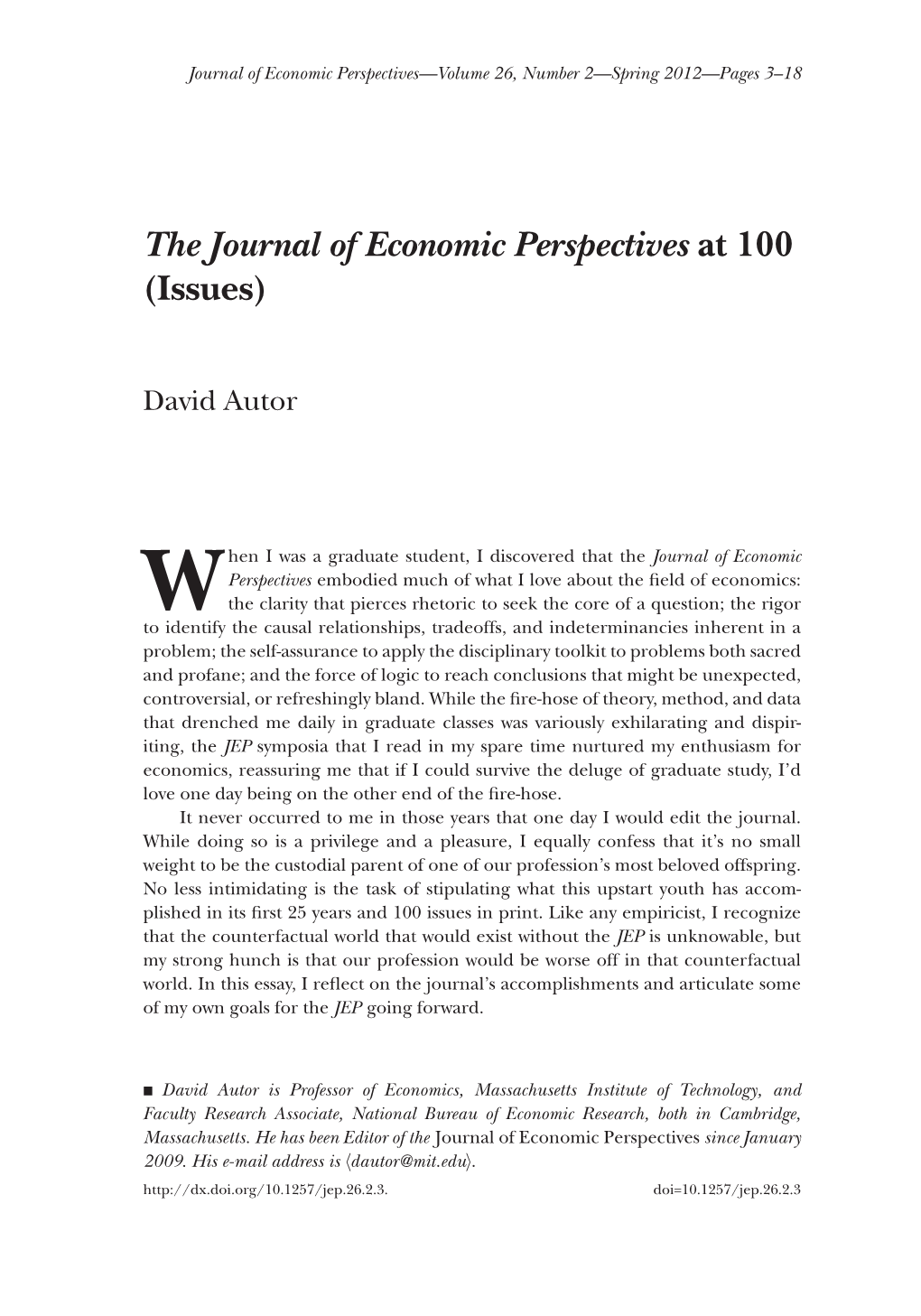 The Journal of Economic Perspectives at 100 (Issues)