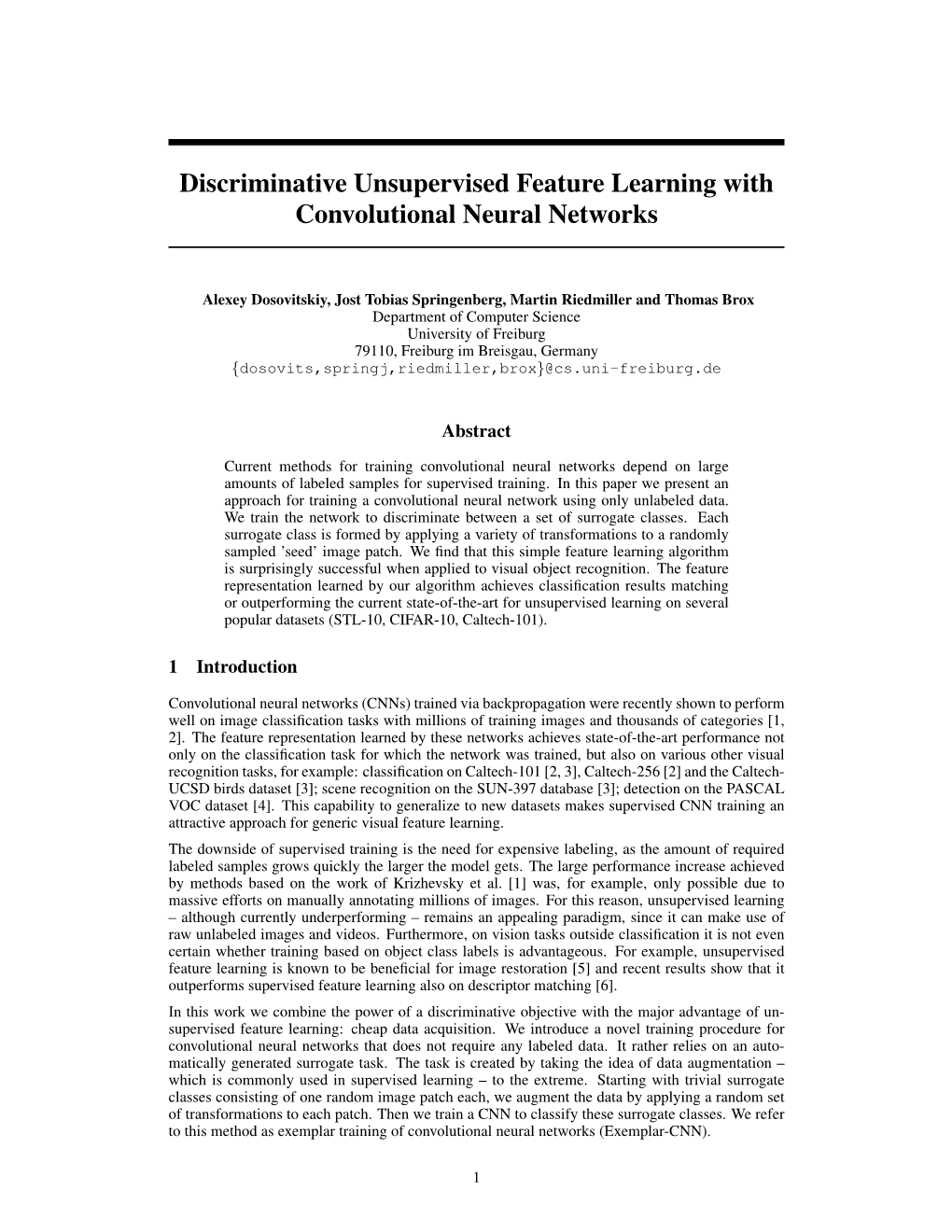 Discriminative Unsupervised Feature Learning with Convolutional Neural Networks