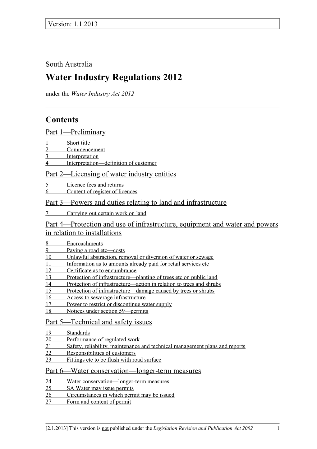 Water Industry Regulations 2012