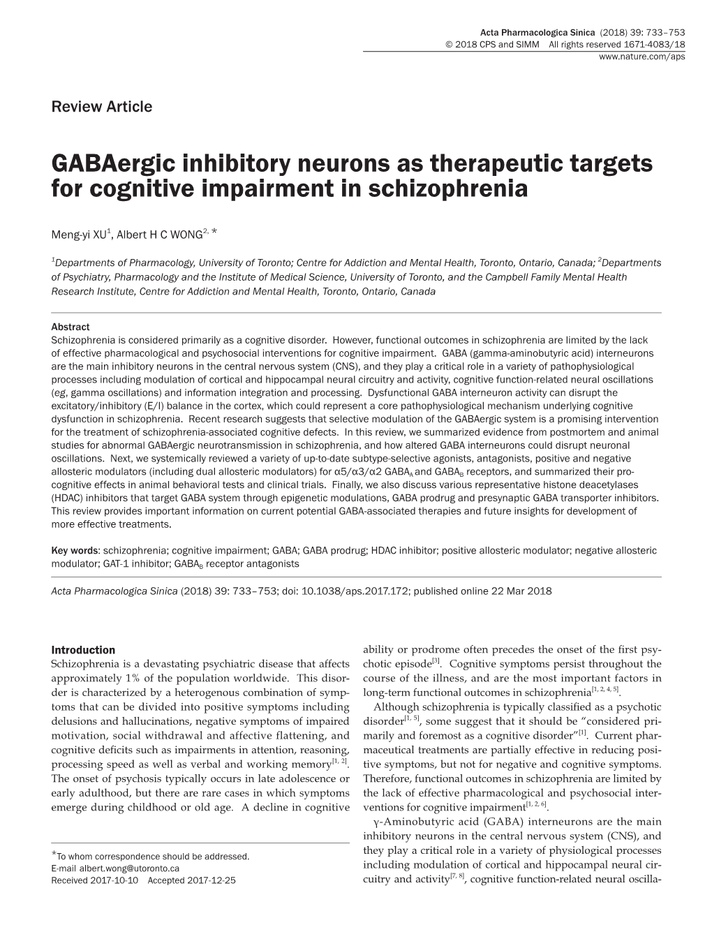 Gabaergic Inhibitory Neurons As Therapeutic Targets for Cognitive Impairment in Schizophrenia