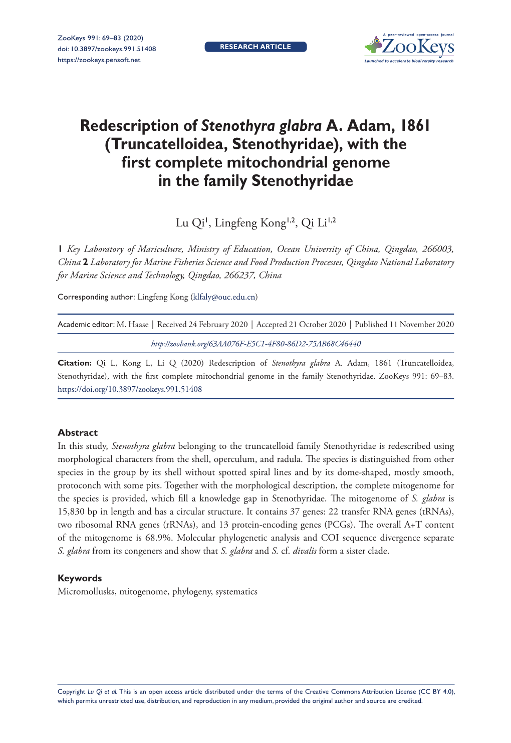 Redescription of Stenothyra Glabra A. Adam, 1861 (Truncatelloidea, Stenothyridae), with the First Complete Mitochondrial Genome in the Family Stenothyridae