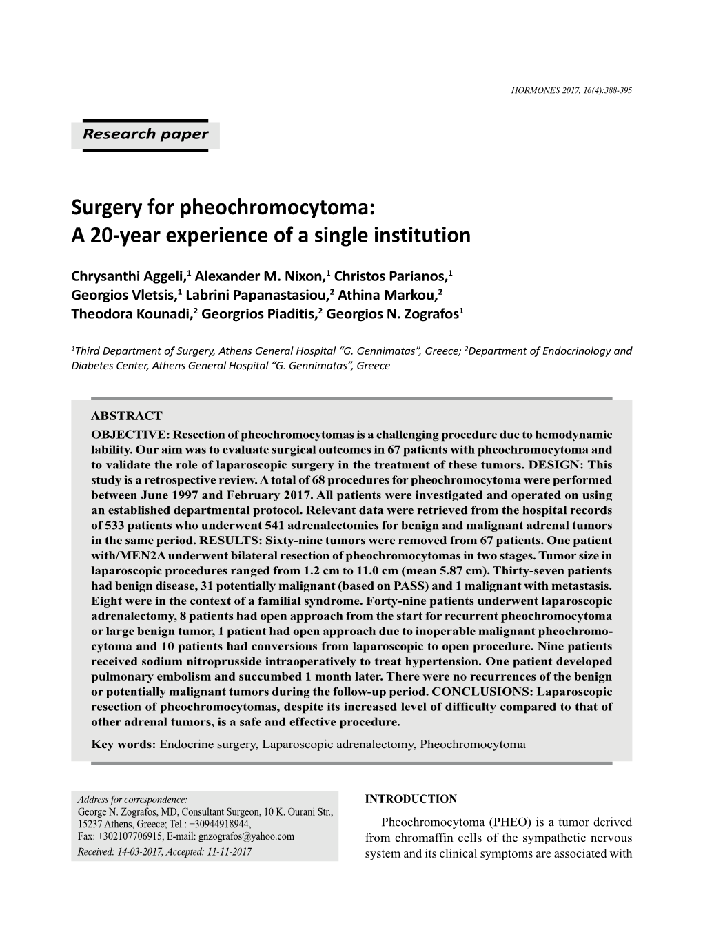 Surgery for Pheochromocytoma: a 20-Year Experience of a Single Institution