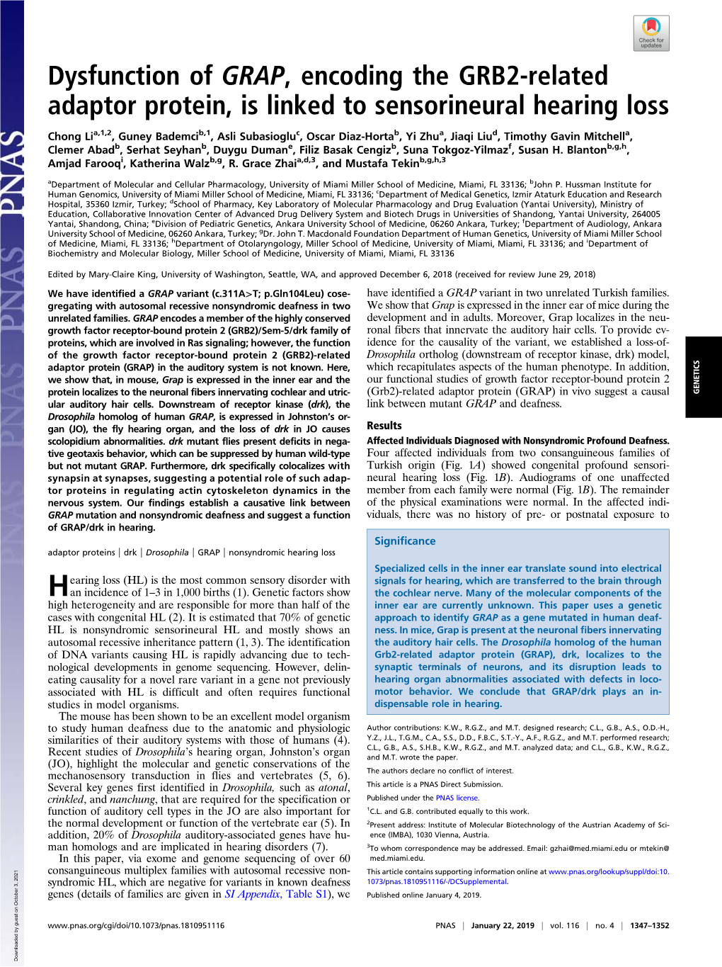 Dysfunction of GRAP, Encoding the GRB2-Related Adaptor Protein, Is Linked to Sensorineural Hearing Loss