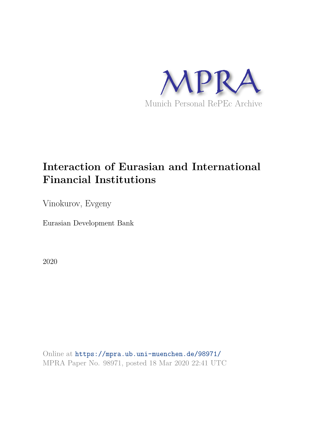 Interaction of Eurasian and International Financial Institutions