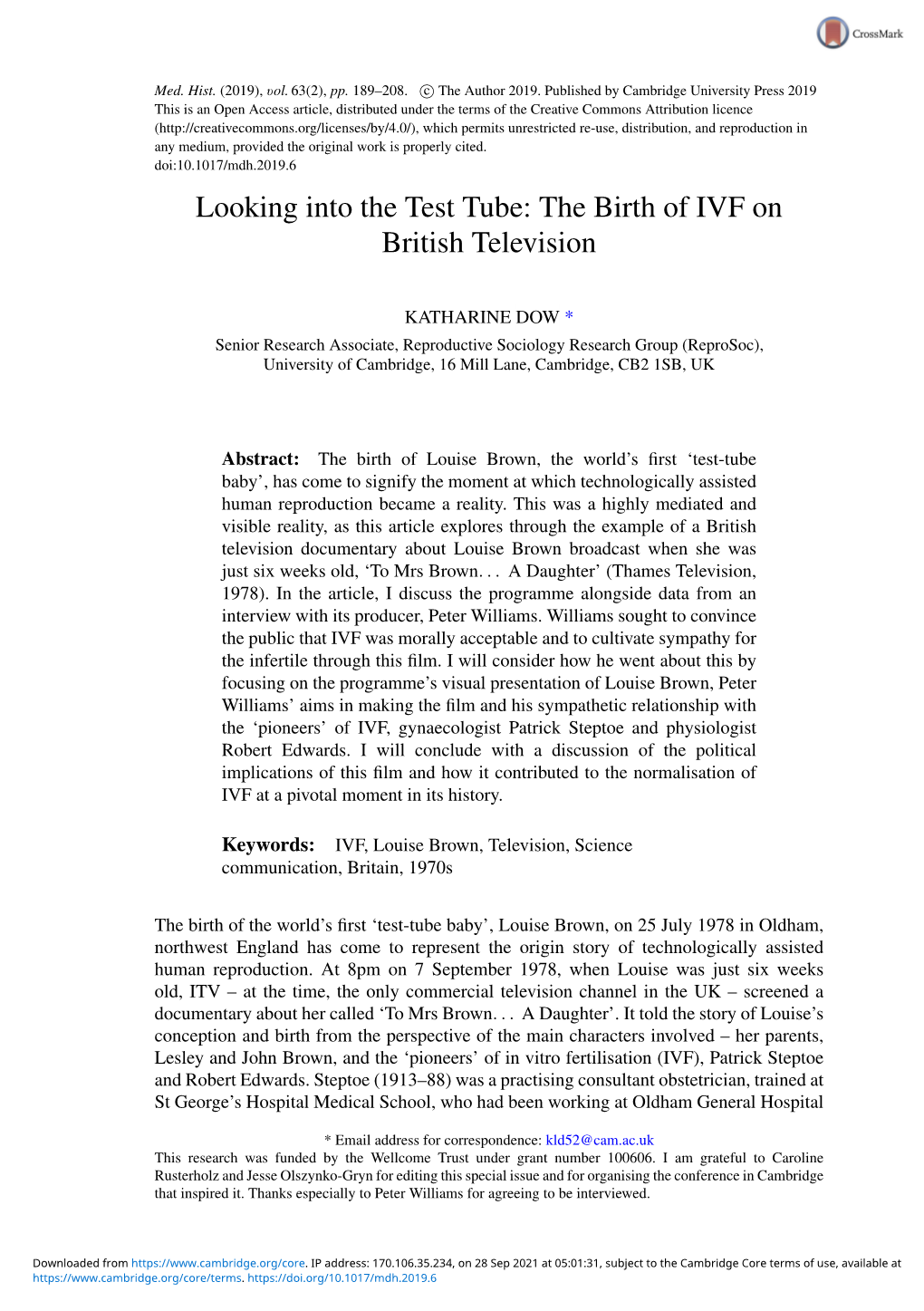 Looking Into the Test Tube: the Birth of IVF on British Television
