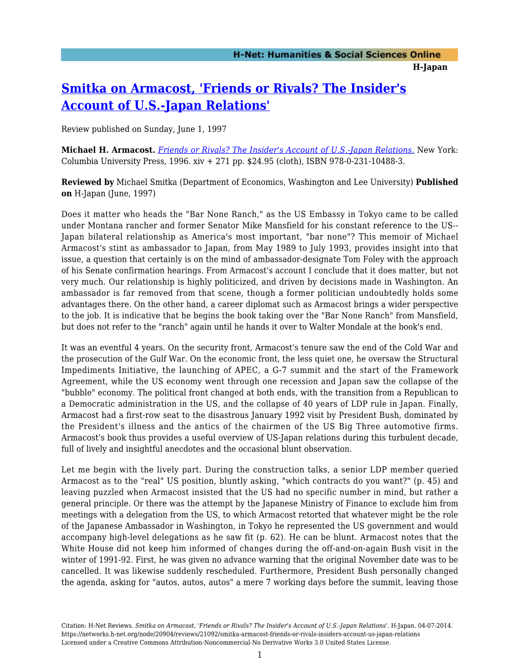 Smitka on Armacost, 'Friends Or Rivals? the Insider's Account of U.S.-Japan Relations'