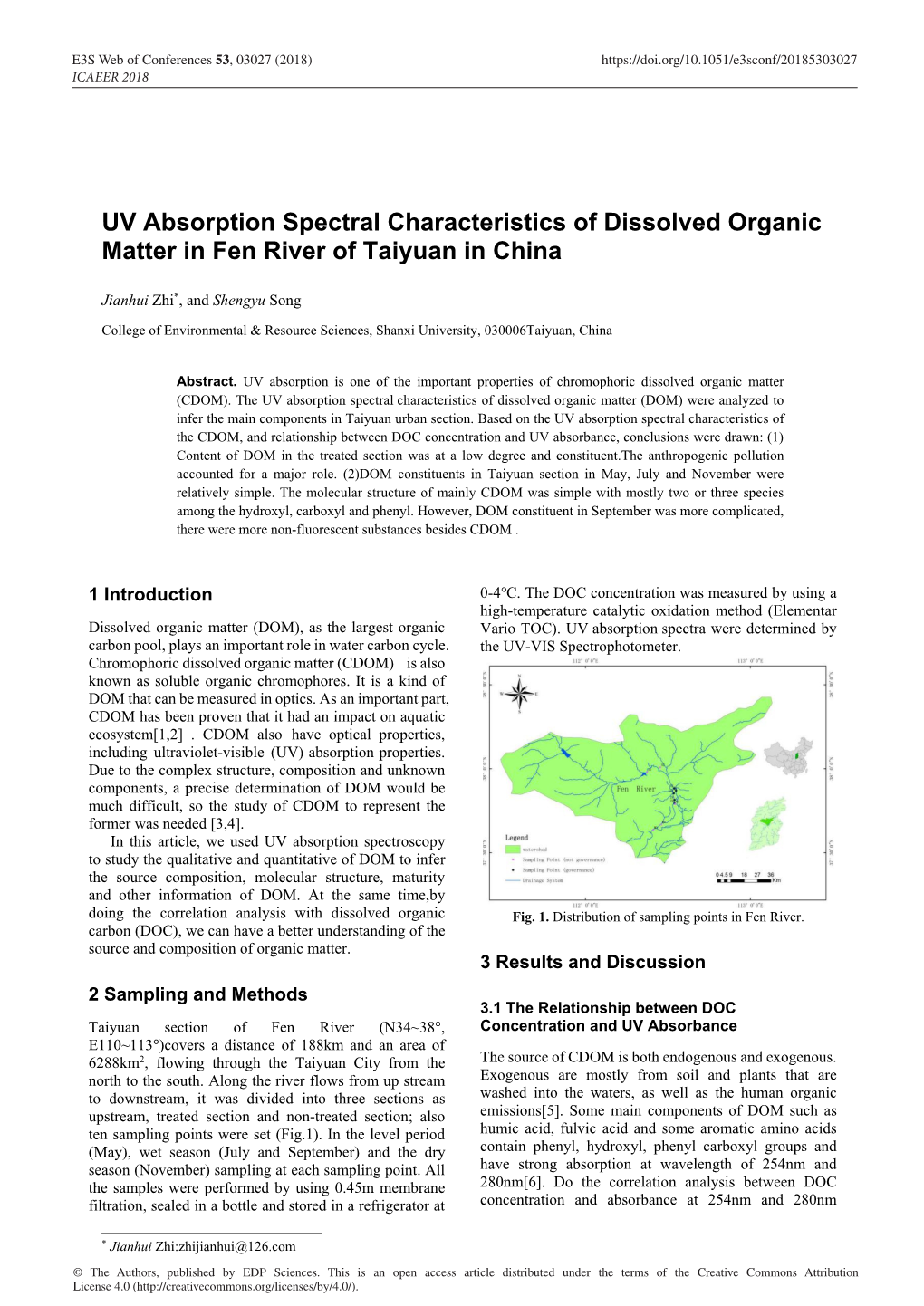 UV Absorption Spectral Characteristics of Dissolved Organic Matter in Fen River of Taiyuan in China