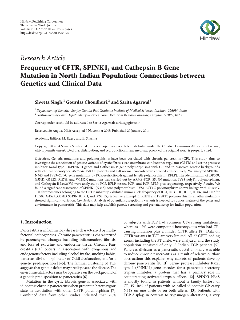 Frequency of CFTR, SPINK1, and Cathepsin B Gene Mutation in North Indian Population: Connections Between Genetics and Clinical Data