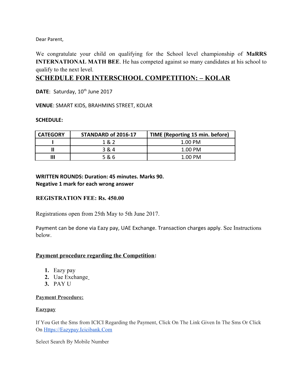 Schedule for Interschool Competition: Kolar