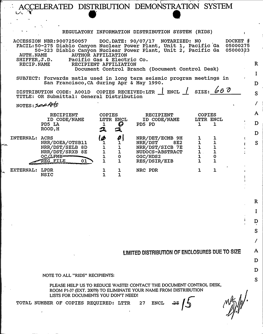 Forwards Matls Used in Long-Term Seismic Program Meetings in San Francisco,CA During Apr & May 1990