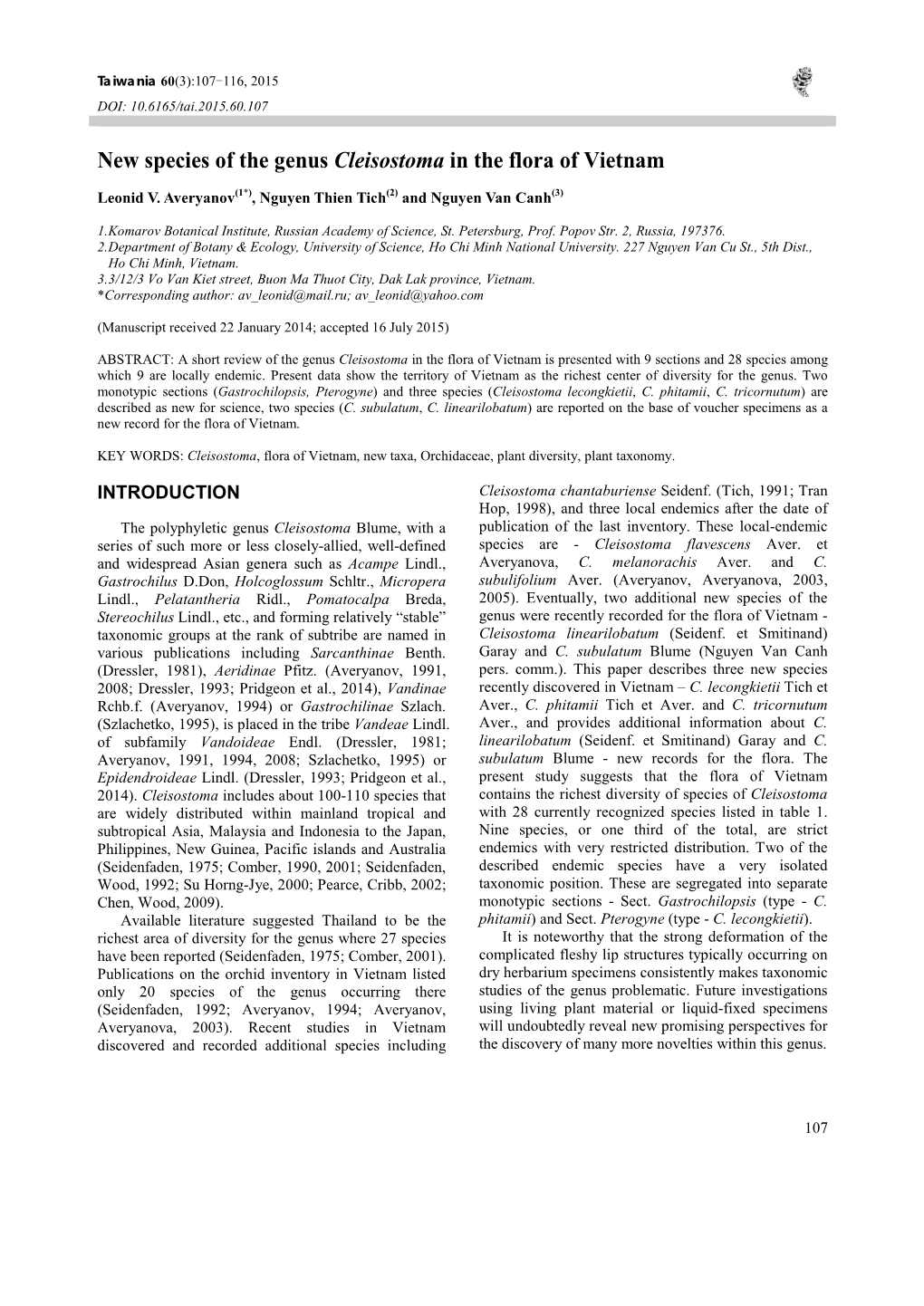 New Species of the Genus Cleisostoma in the Flora of Vietnam