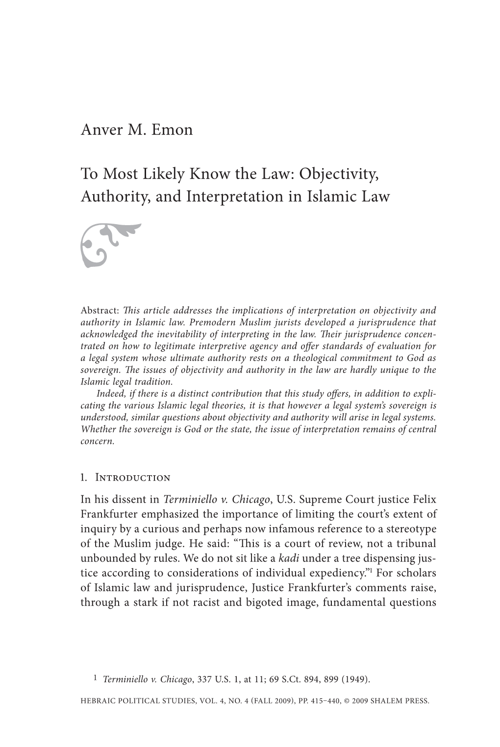 Anver M. Emon to Most Likely Know the Law: Objectivity, Authority, And