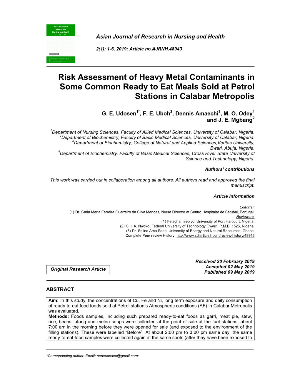 Risk Assessment of Heavy Metal Contaminants in Some Common Ready to Eat Meals Sold at Petrol Stations in Calabar Metropolis