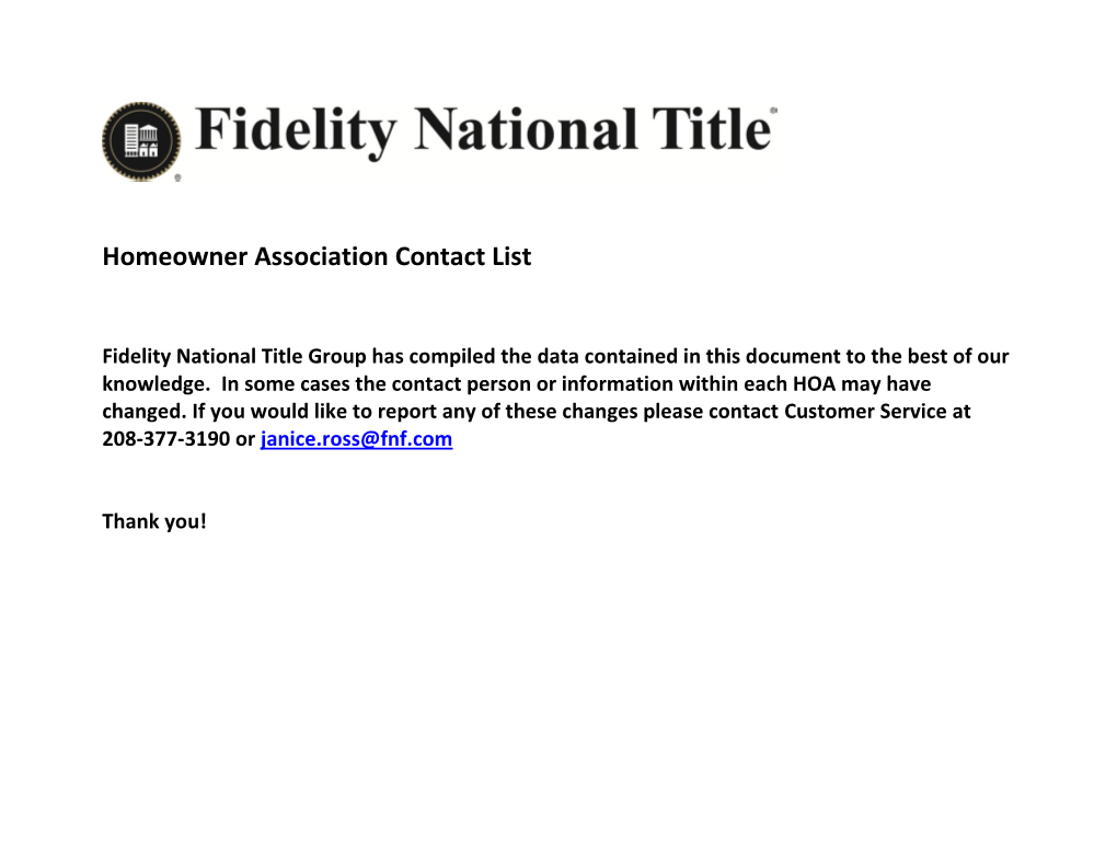 Homeowner Association Contact List