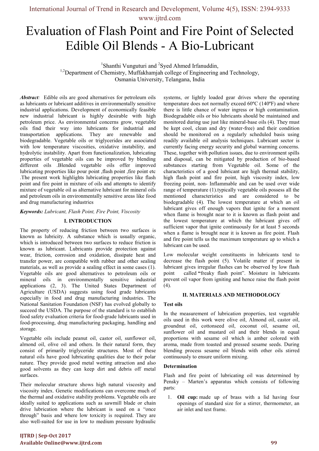 Evaluation of Flash Point and Fire Point of Selected Edible Oil Blends - a Bio-Lubricant