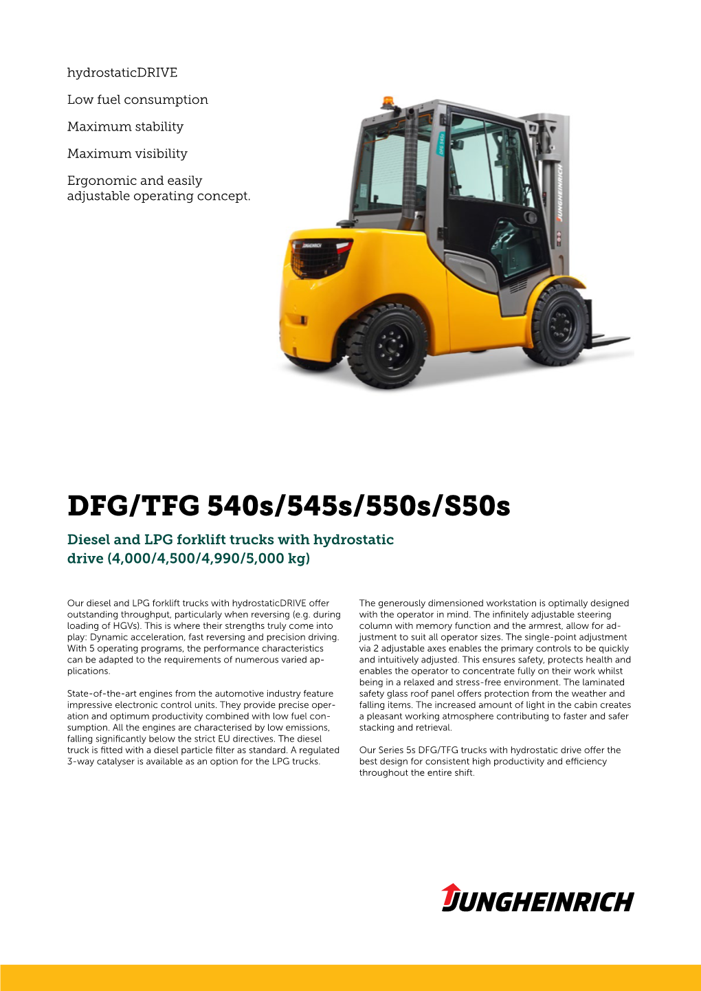 DFG/TFG 540S/545S/550S/S50s Diesel and LPG Forklift Trucks with Hydrostatic Drive (4,000/4,500/4,990/5,000 Kg)