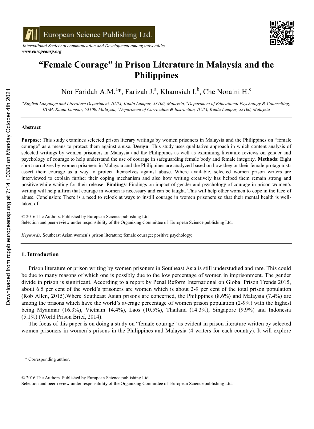 “Female Courage” in Prison Literature in Malaysia and the Philippines