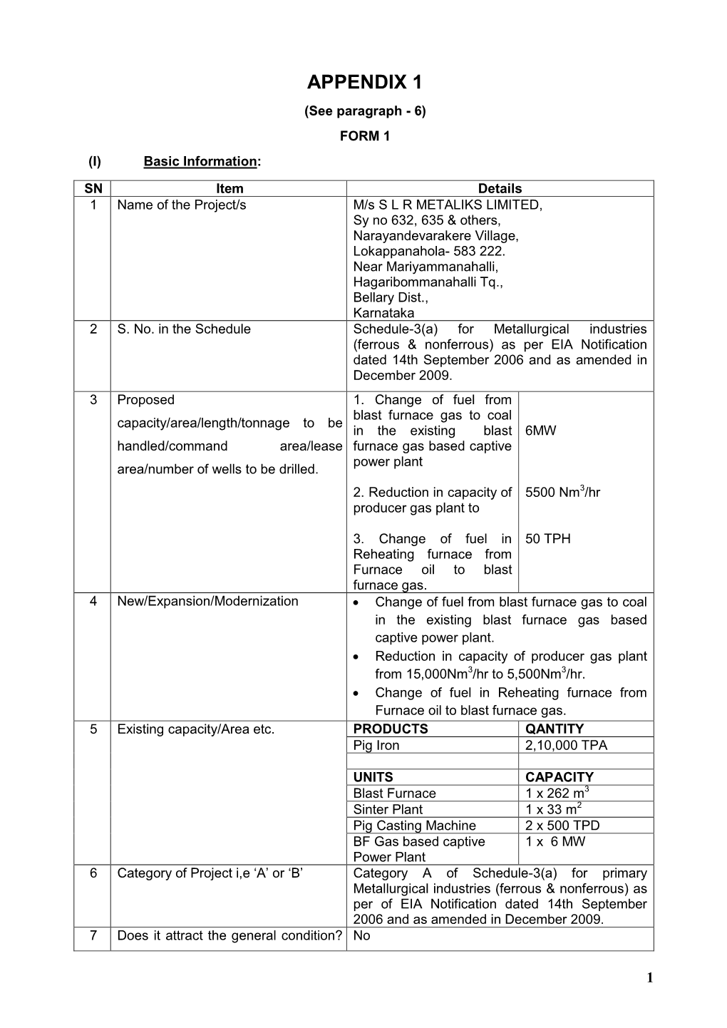 APPENDIX 1 (See Paragraph - 6) FORM 1 (I) Basic Information