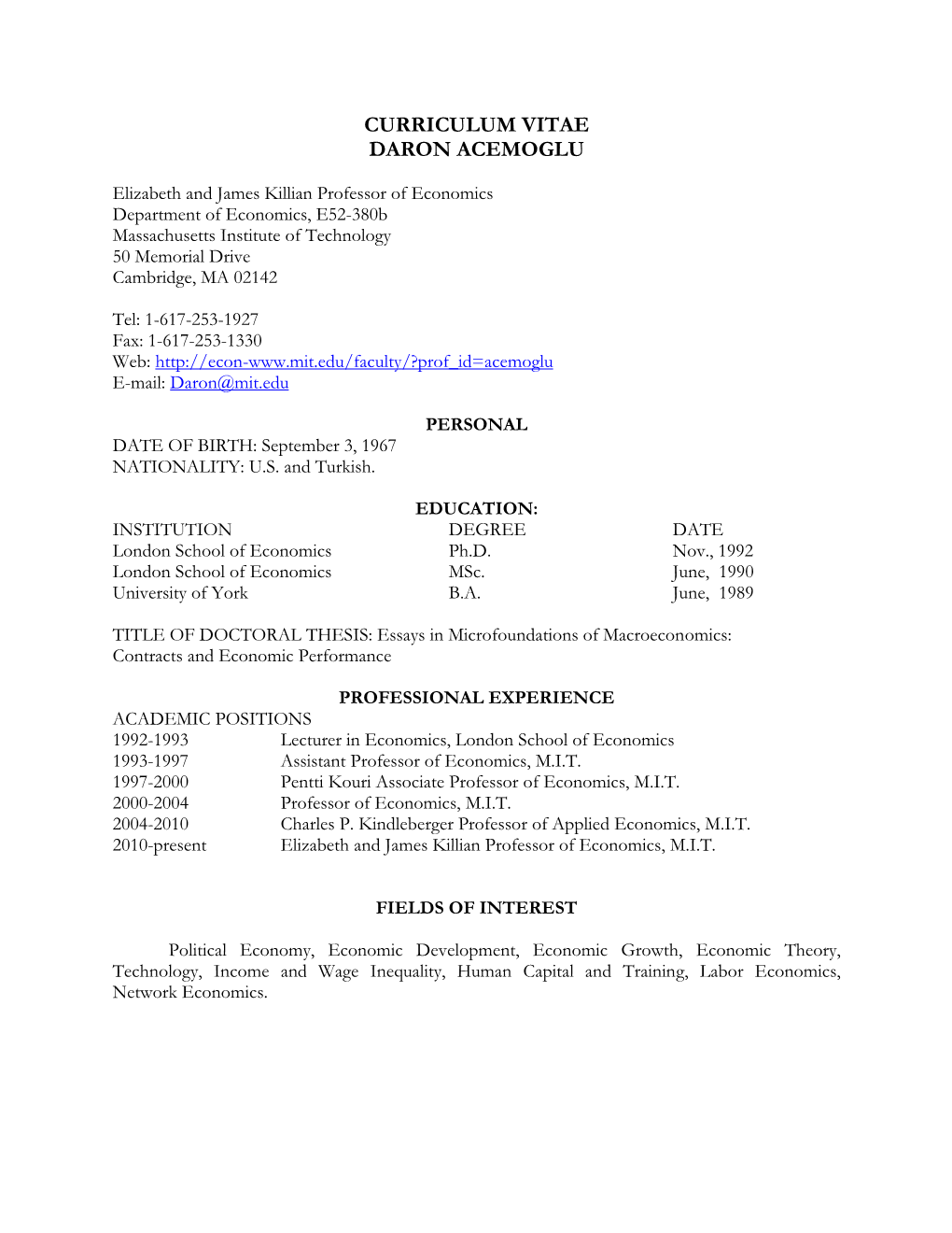 Curriculum Vitae Daron Acemoglu