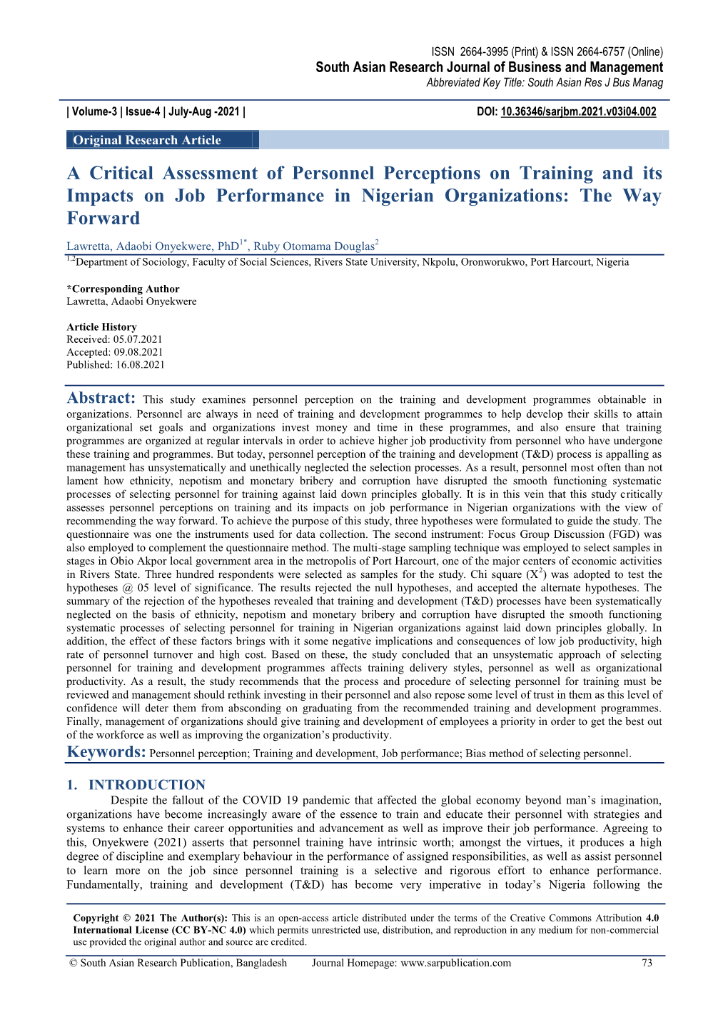 A Critical Assessment of Personnel Perceptions on Training and Its Impacts on Job Performance in Nigerian Organizations: the Way Forward