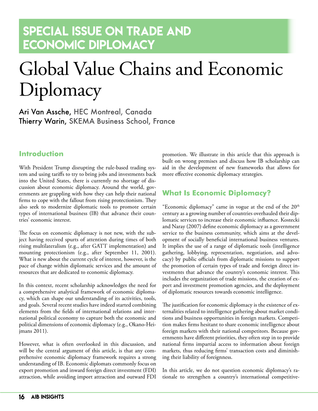 Global Value Chains and Economic Diplomacy Ari Van Assche, HEC Montreal, Canada Thierry Warin, SKEMA Business School, France
