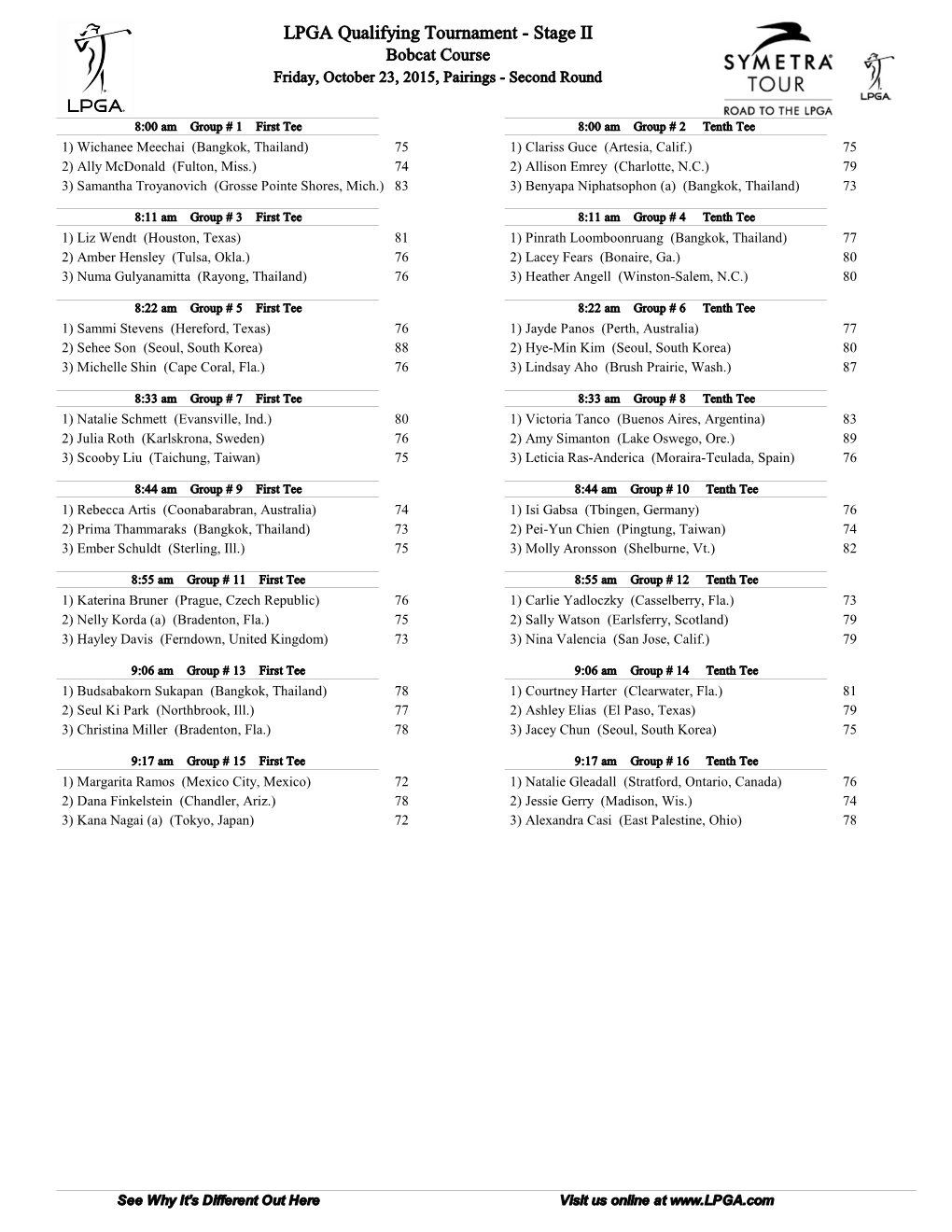 LPGA Qualifying Tournament - Stage II Bobcat Course Friday, October 23, 2015, Pairings - Second Round