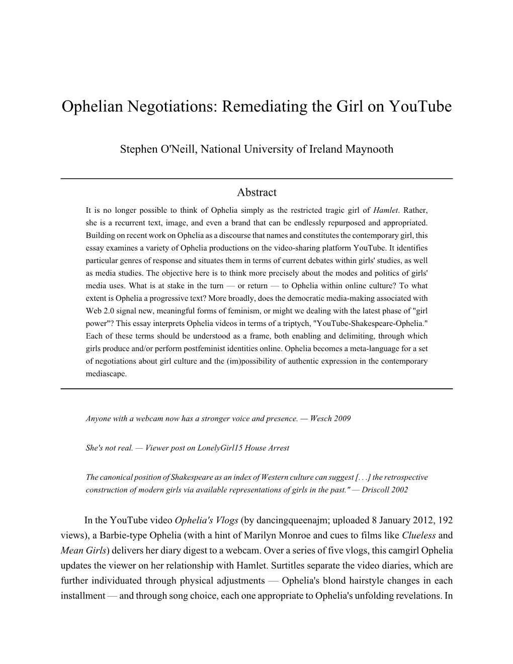 Ophelian Negotiations: Remediating the Girl on Youtube