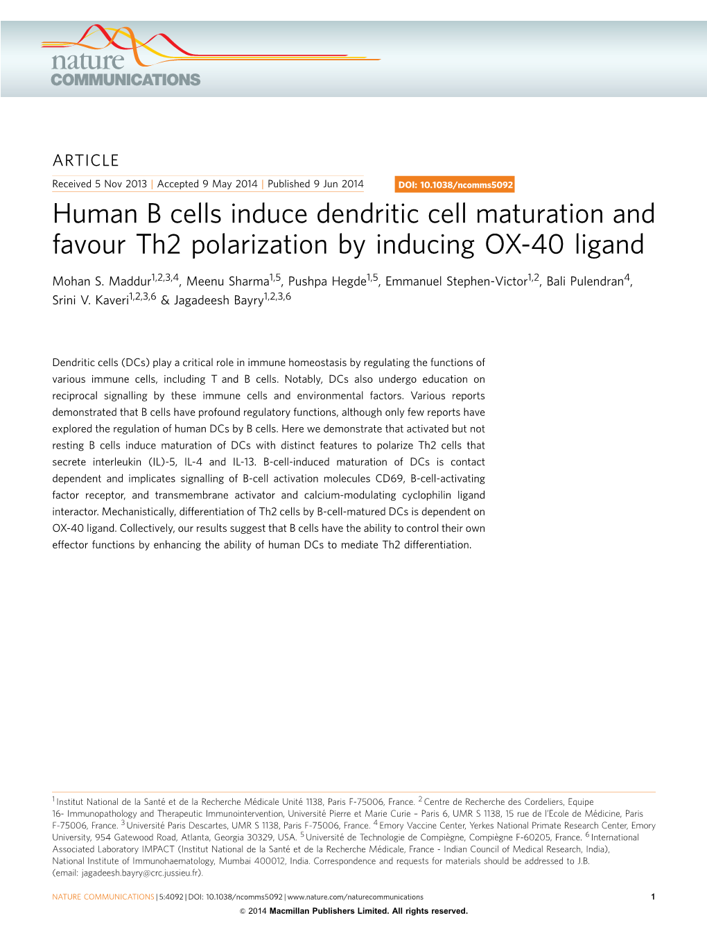 Human B Cells Induce Dendritic Cell Maturation and Favour Th2 Polarization by Inducing OX-40 Ligand