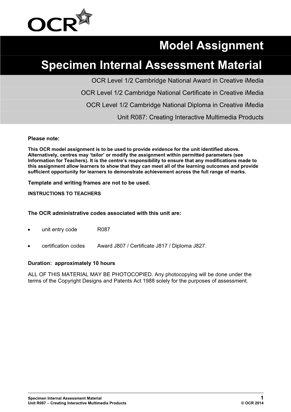 Specimen Internal Assessment Material