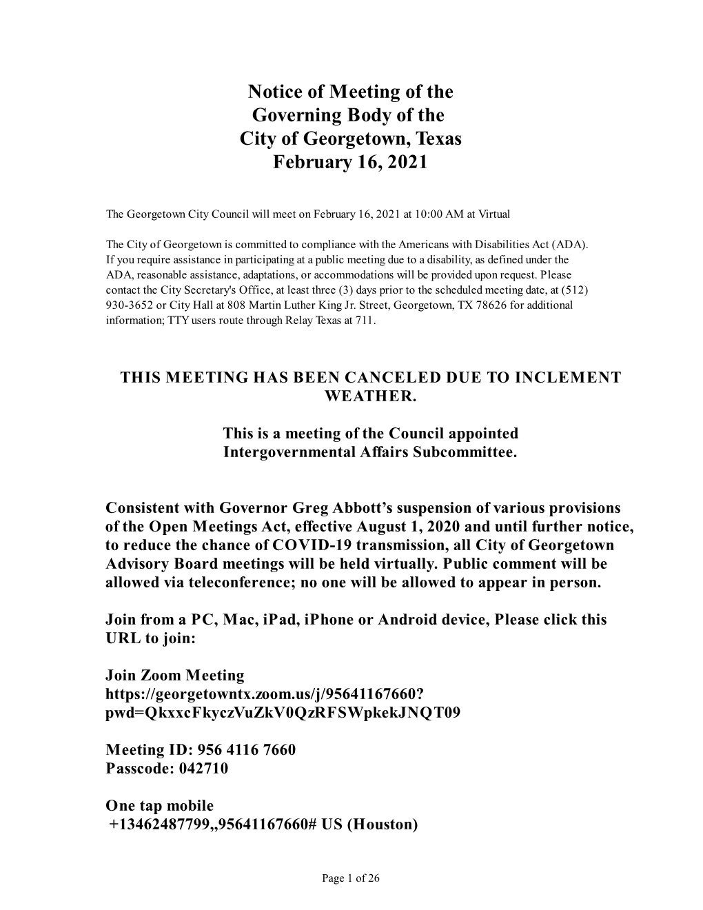 Notice of Meeting of the Governing Body of the City of Georgetown, Texas February 16, 2021