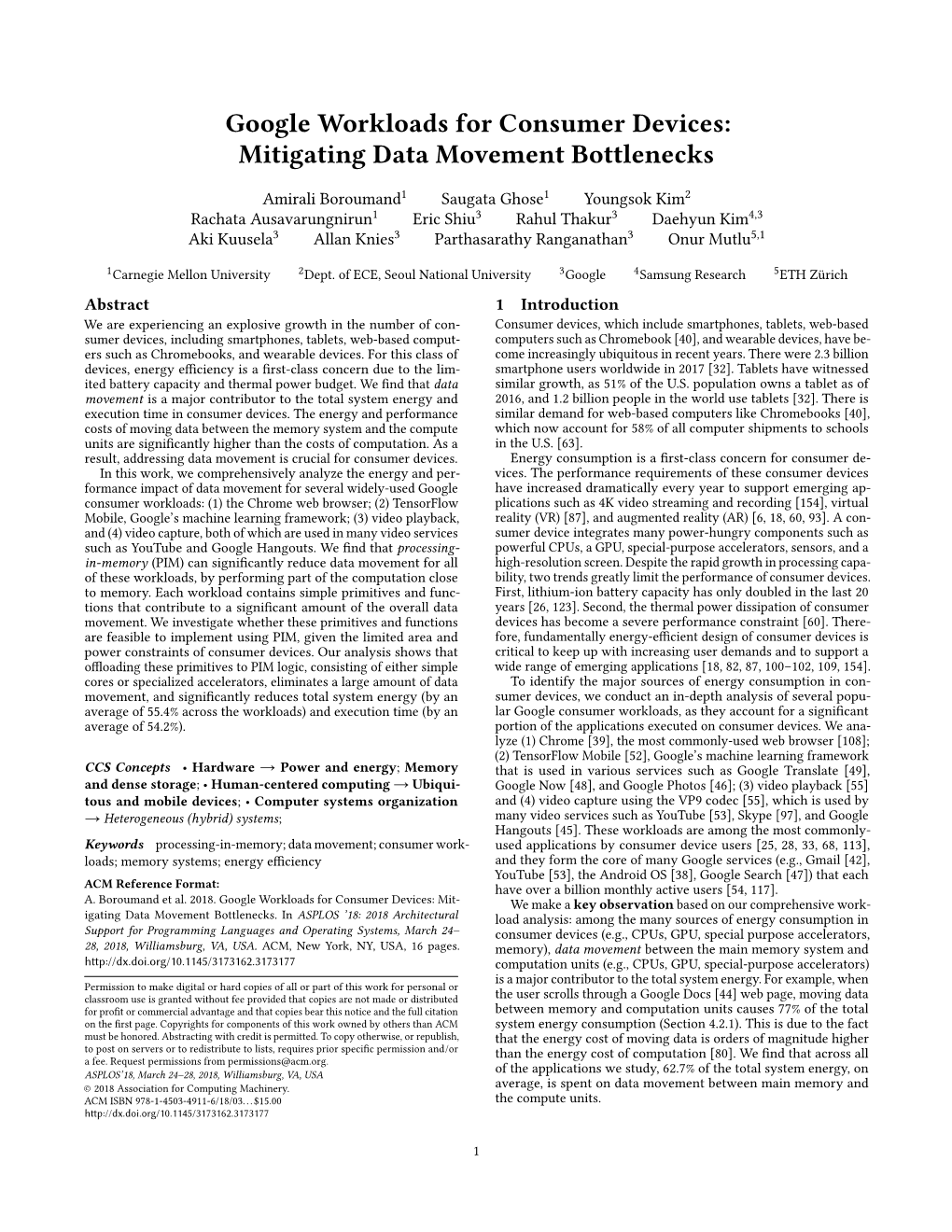 Google Workloads for Consumer Devices: Mitigating Data Movement Bottlenecks