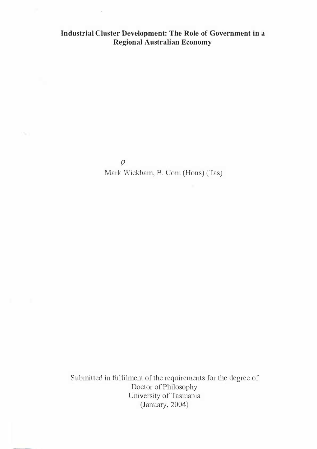 Industrial Cluster Development: the Role of Government in a Regional Australian Economy