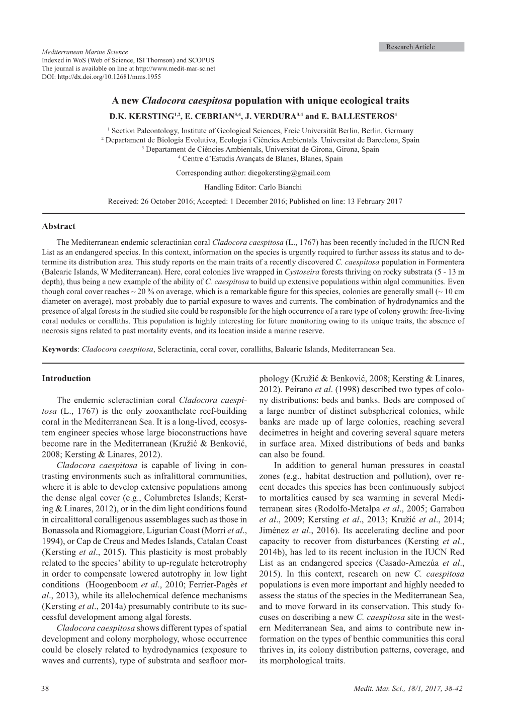 A New Cladocora Caespitosa Population with Unique Ecological Traits D.K