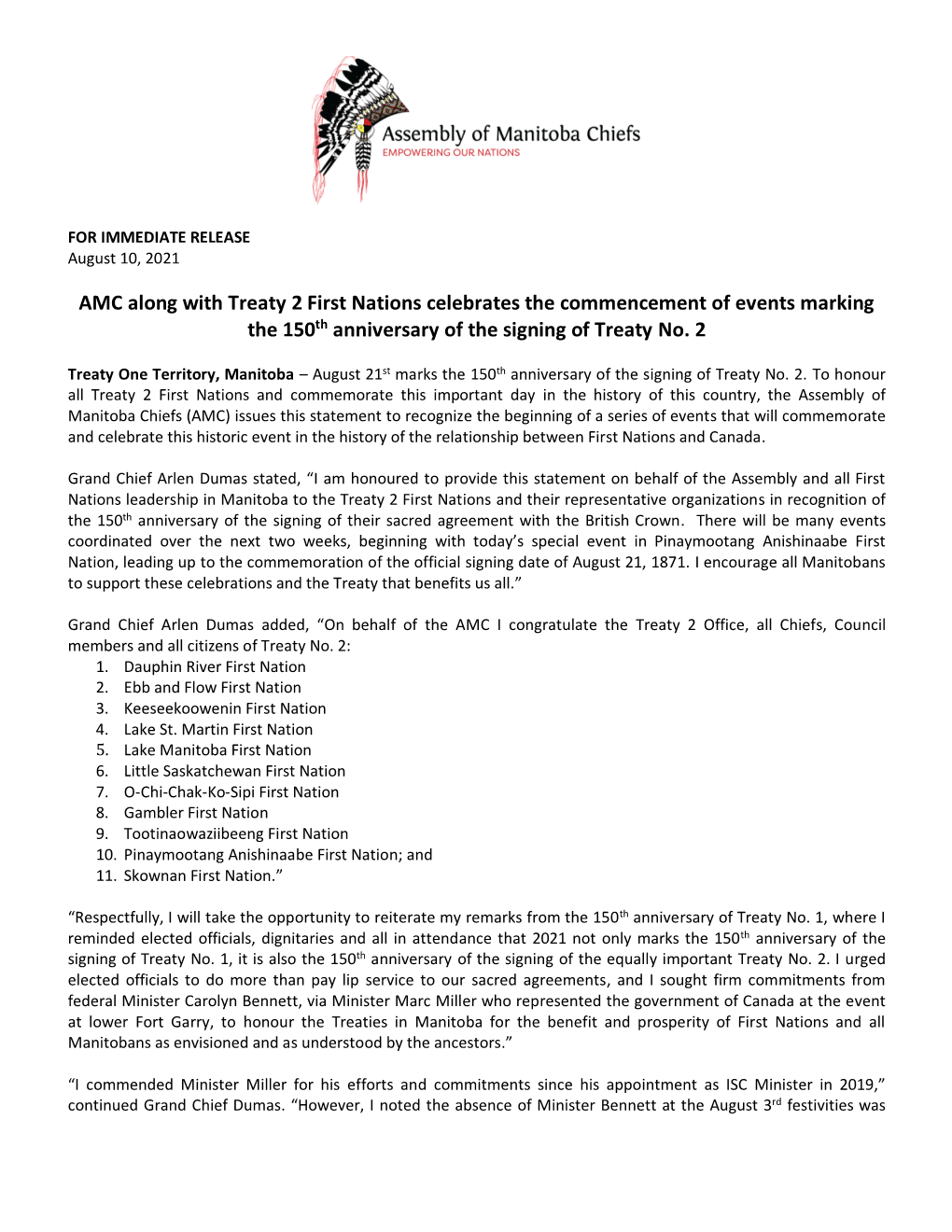 AMC Along with Treaty 2 First Nations Celebrates the Commencement of Events Marking the 150Th Anniversary of the Signing of Treaty No