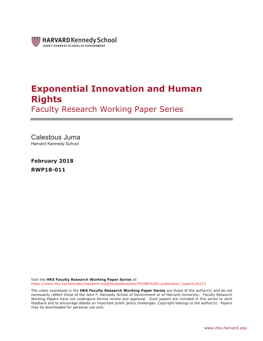 Exponential Innovation and Human Rights Faculty Research Working Paper Series