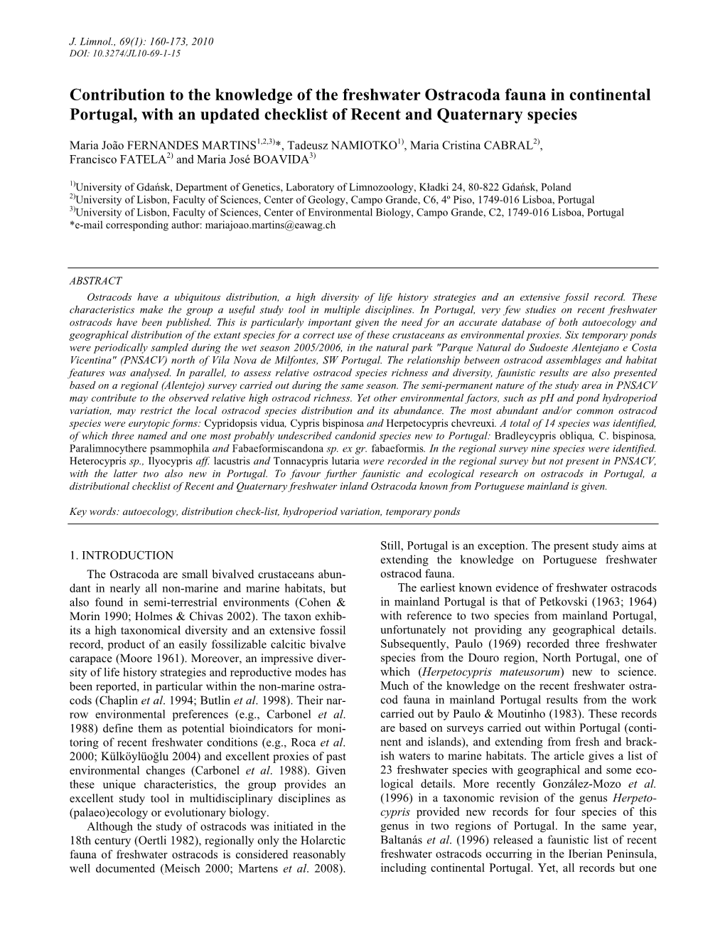 Contribution to the Knowledge of the Freshwater Ostracoda Fauna in Continental Portugal, with an Updated Checklist of Recent and Quaternary Species