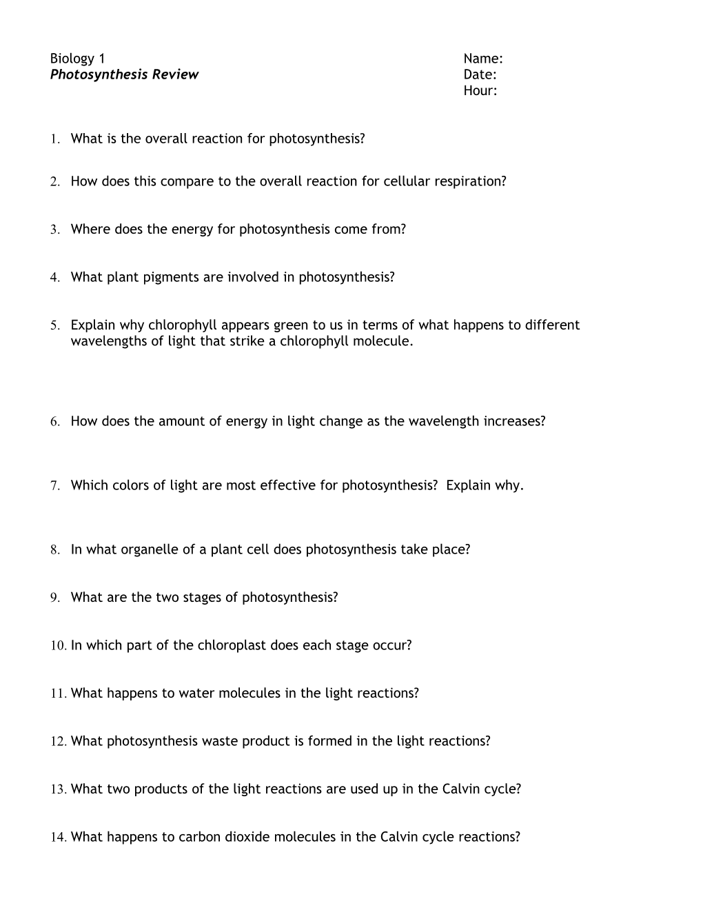 1. What Is the Overall Reaction for Photosynthesis?