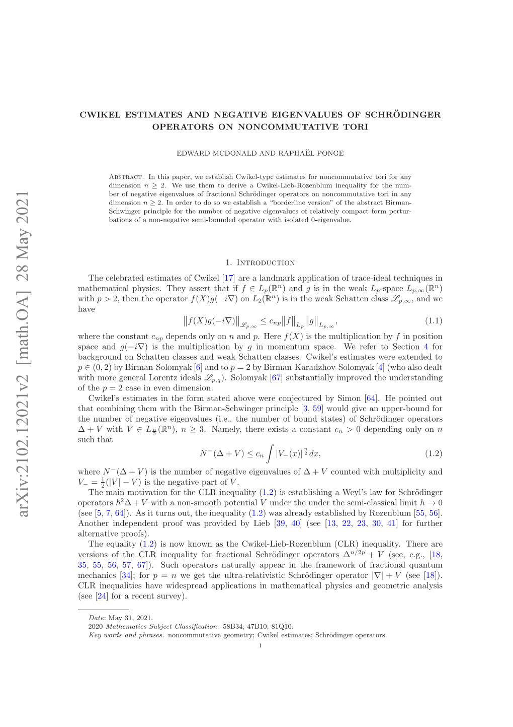 Arxiv:2102.12021V2 [Math.OA] 28 May 2021 Uhthat Such V Where Ahmtclpyis Hyasr Htif That Assert They Physics