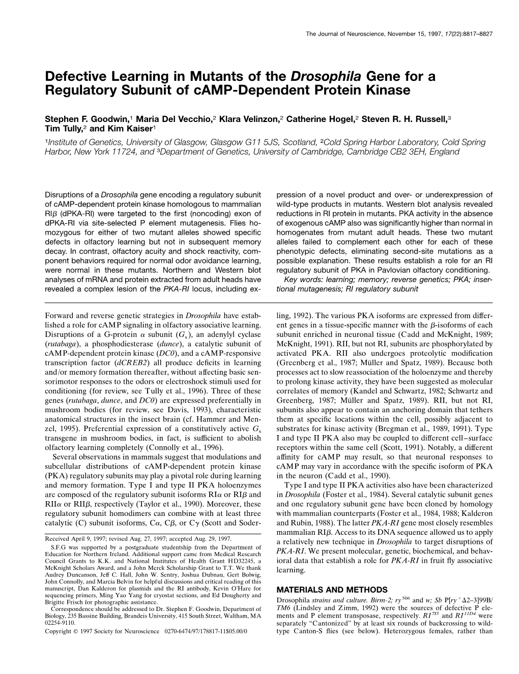 Defective Learning in Mutants of the Drosophila Gene for a Regulatory Subunit of Camp-Dependent Protein Kinase