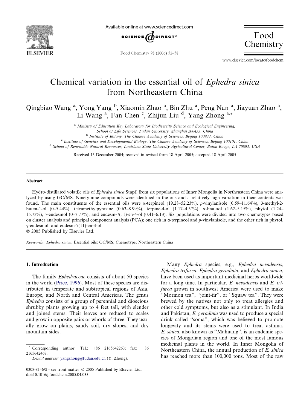 Chemical Variation in the Essential Oil of Ephedra Sinica from Northeastern China