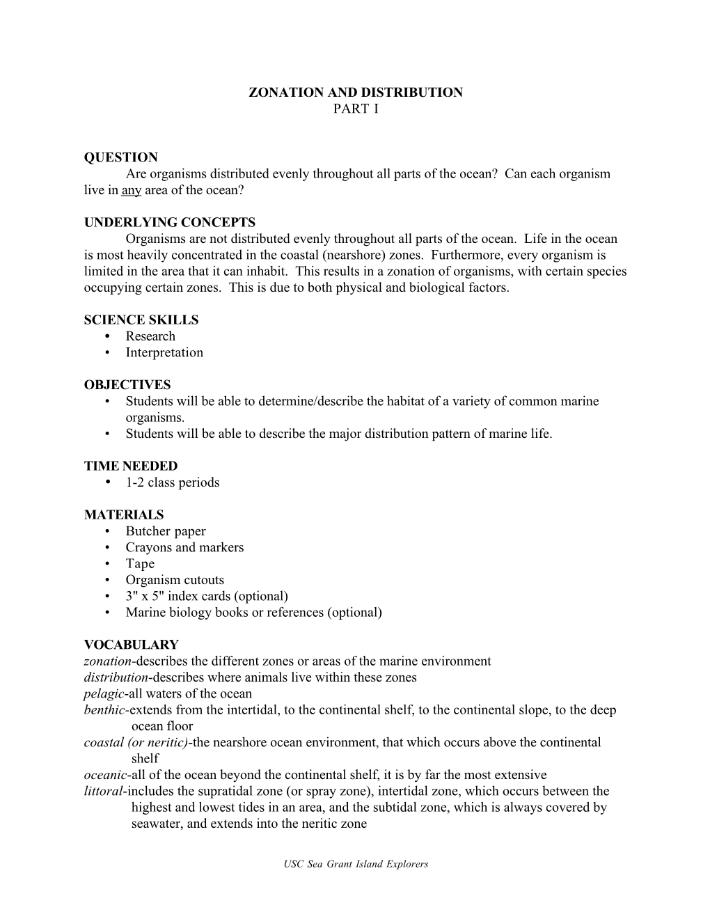 Zonation and Distribution Part I Question