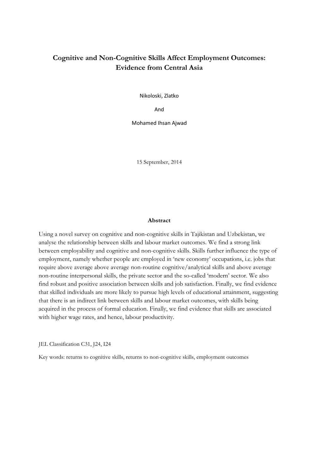 Cognitive and Non-Cognitive Skills Affect Employment Outcomes: Evidence from Central Asia