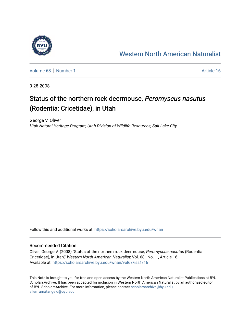 Status of the Northern Rock Deermouse, Peromyscus Nasutus (Rodentia: Cricetidae), in Utah