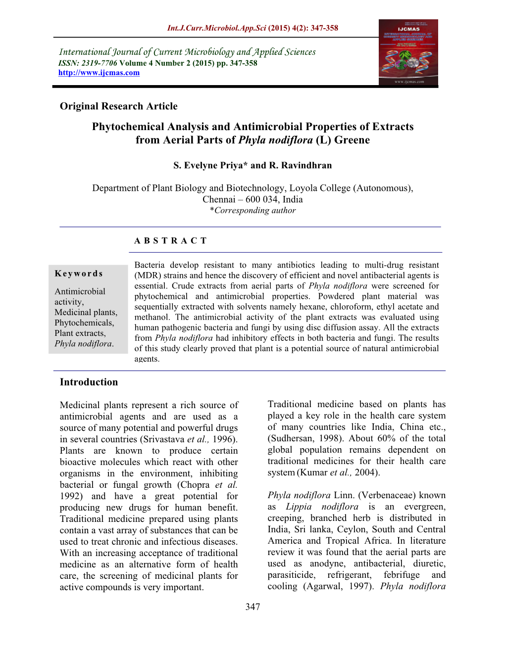 Phytochemical Analysis and Antimicrobial Properties of Extracts from Aerial Parts of Phyla Nodiflora (L) Greene