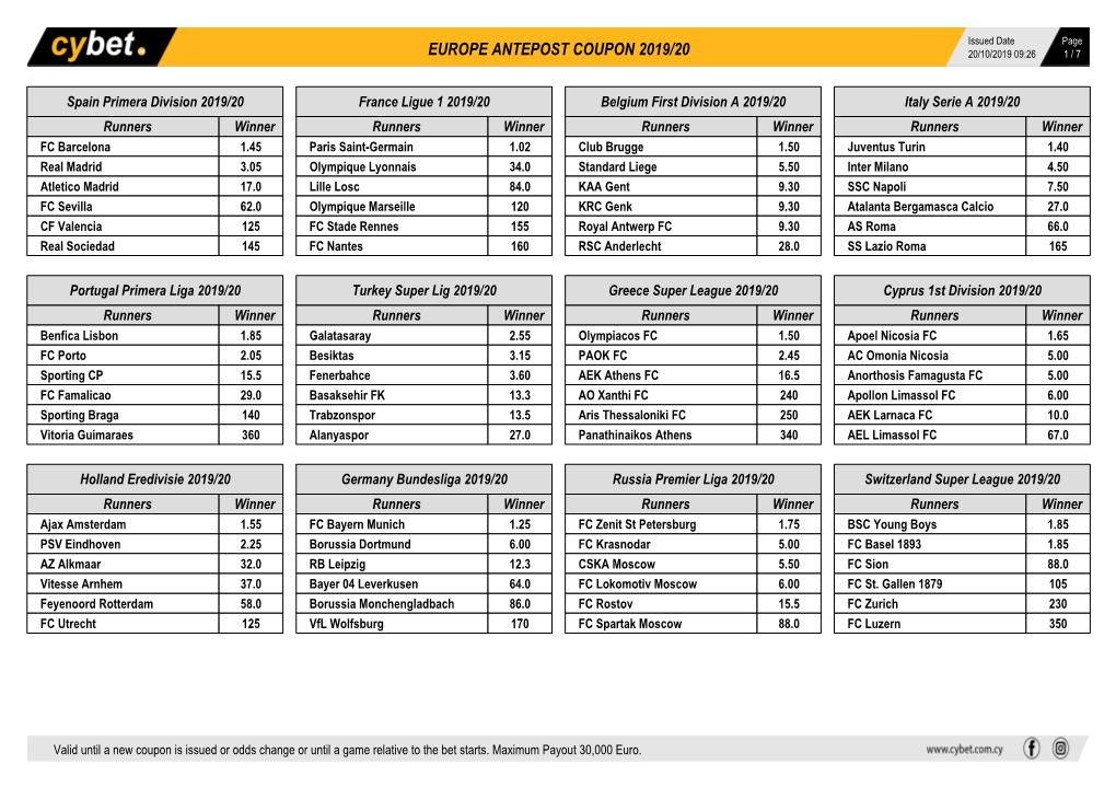 Europe Antepost Coupon 2019/20 20/10/2019 09:26 1 / 7