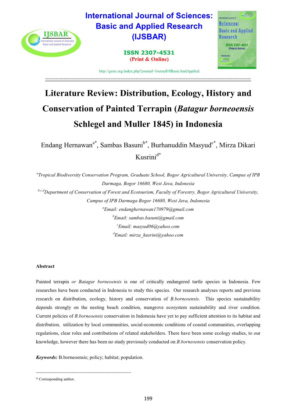 Literature Review: Distribution, Ecology, History and Conservation of Painted Terrapin (Batagur Borneoensis Schlegel and Muller 1845) in Indonesia