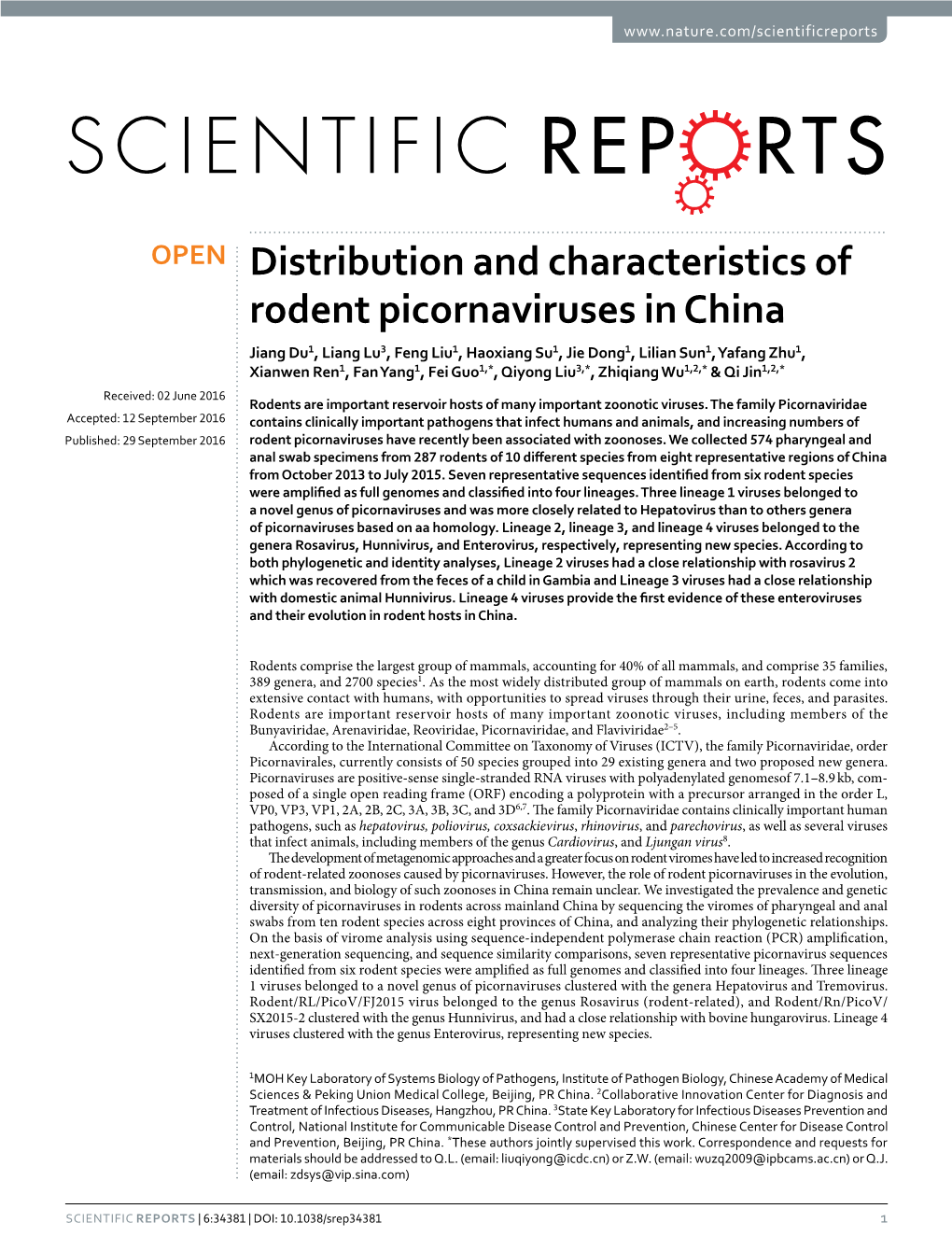 Distribution and Characteristics of Rodent Picornaviruses in China