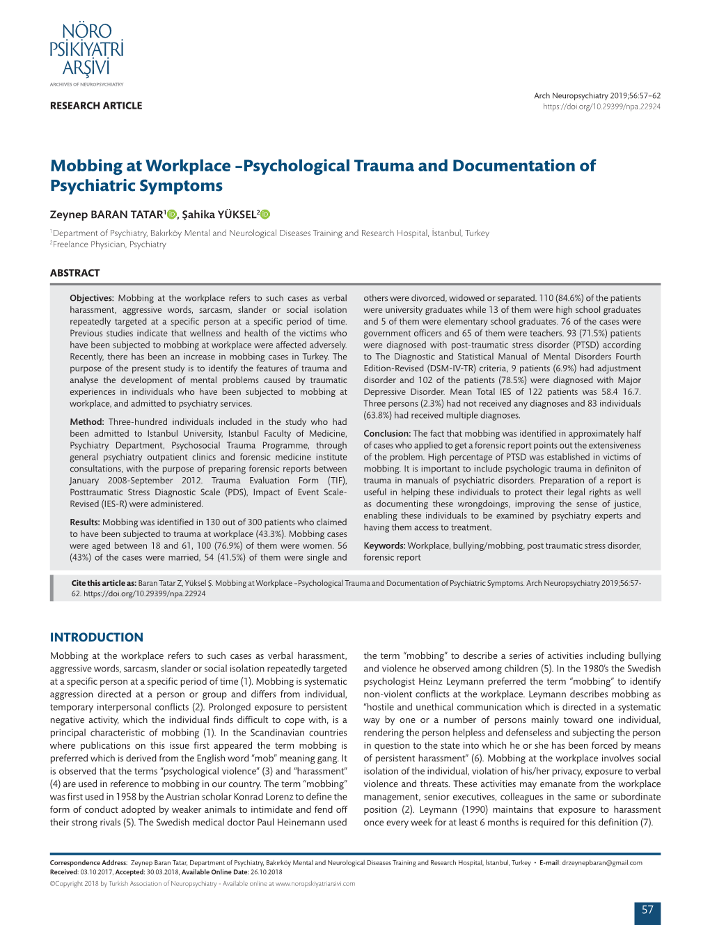 Mobbing at Workplace –Psychological Trauma and Documentation of Psychiatric Symptoms