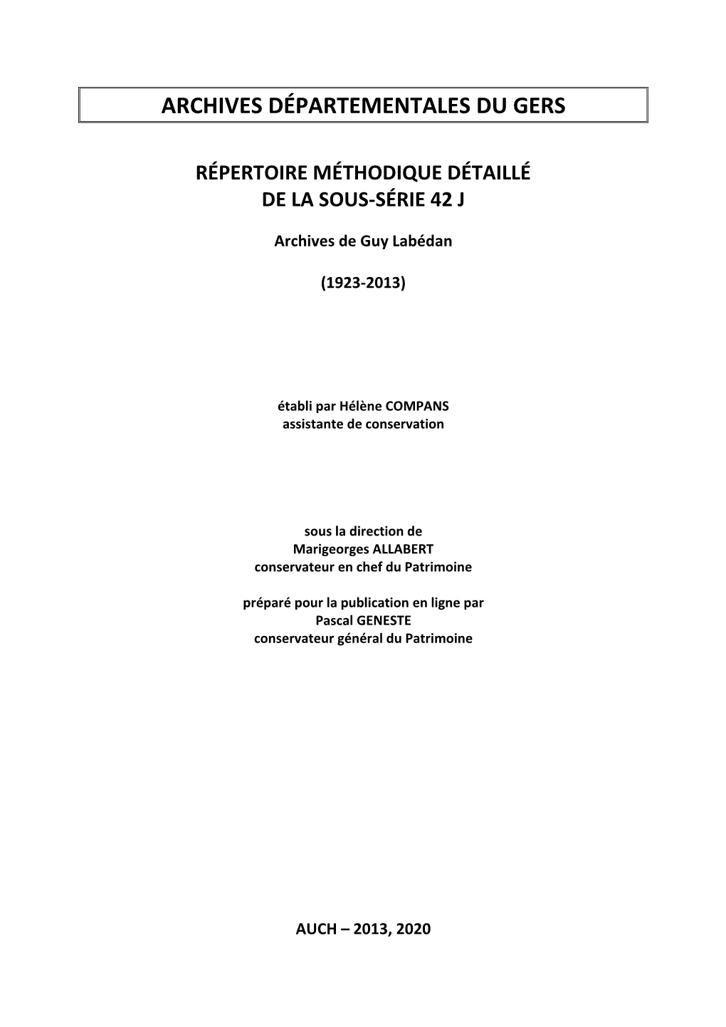 Répertoire Méthodique Détaillé De La Sous-Série 42 J